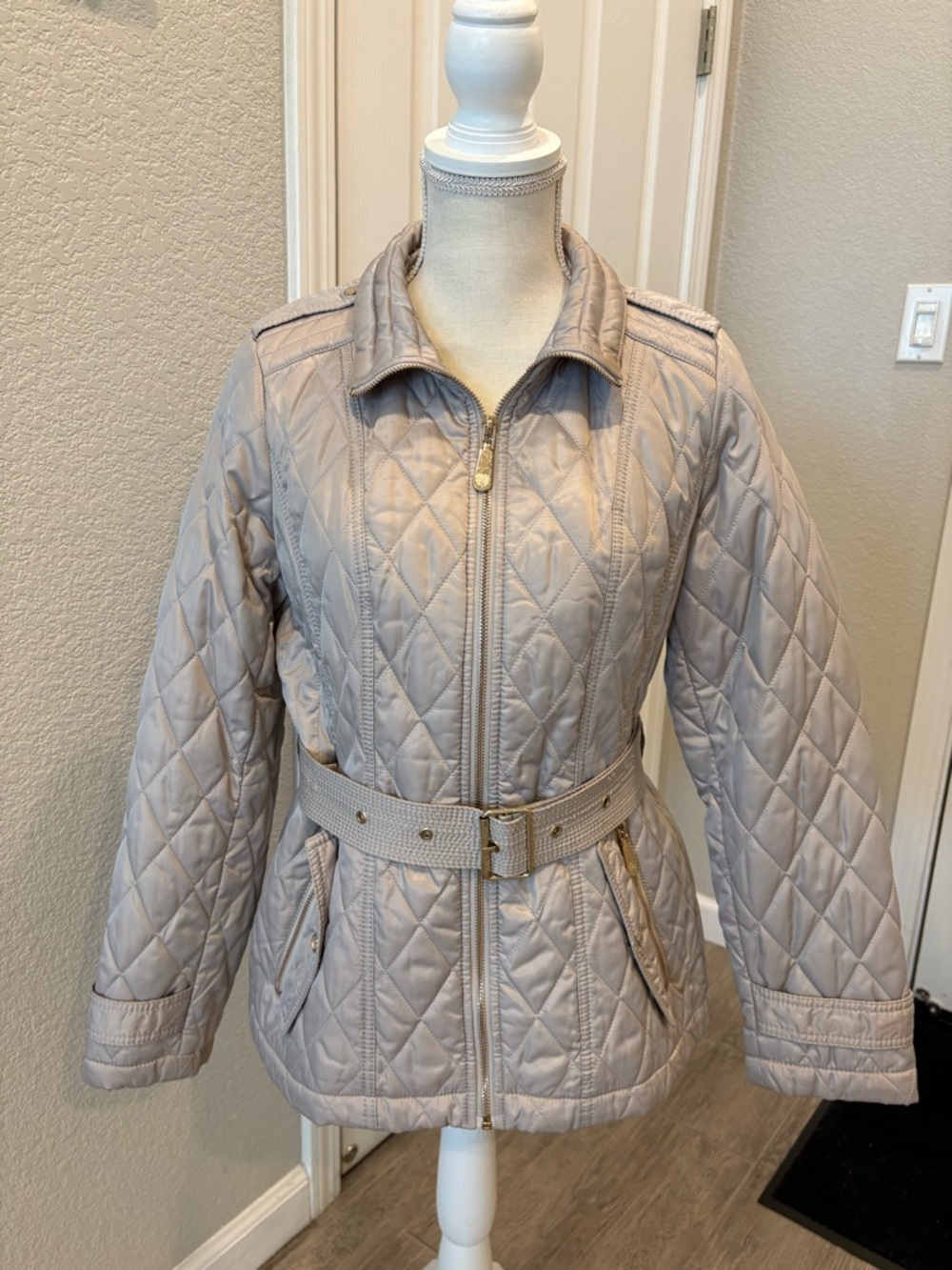 Vince Camuto Quilted Belted Jacket in Light Taupe